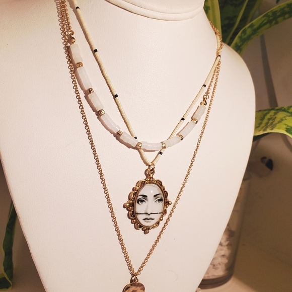 ANTIQUE ART LAYERED Necklace Dainty GOLD FORNASETTI EVIL EYE PROTECTION CHARMS - Picture 4 of 5